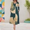Women Plus Size V Neck Long Sleeve Printed A Line Midi Dress With Pockets