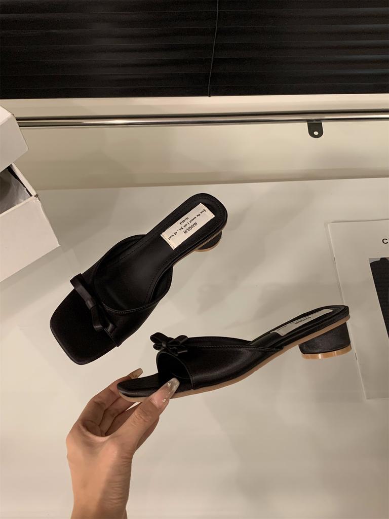 Thick Heel Pink French Cool Slippers Fairy Shoes Outer Wear 2025 New Summer with Skirt Bow Sandals