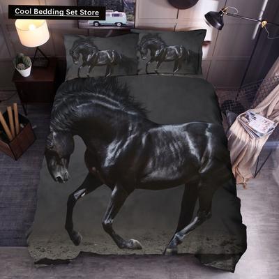 3D Pferde Druck Bettbezug Tier Bettwäsche Set Einzelbett Doppelbett Queen Size King Size für Kinder Männer Schwarz Weicher Bettdeckenbezug Kissenbezug