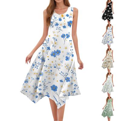 Women's Casual Fashion Round Neck Sleeveless Floral Print Irregular Hem Midi Dress