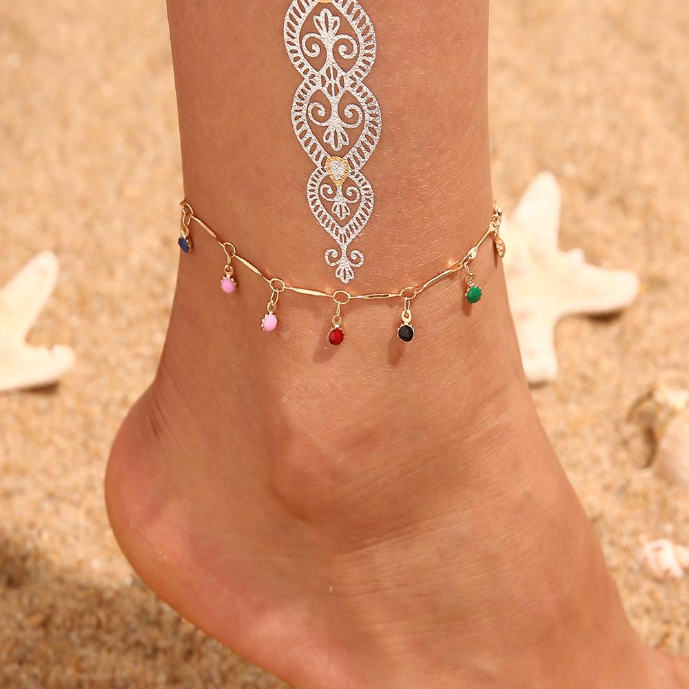 Bohemian Retro Wax Rope Mixed Color Woven Turquoise Sunflower Handmade String Mixed Color Rice Bead Multi-Layer Anklet