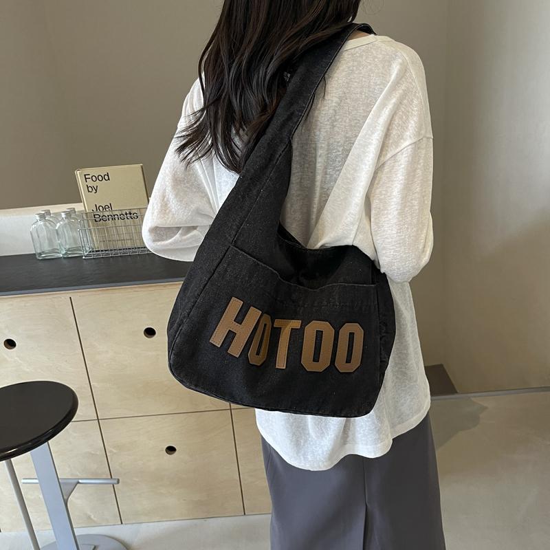 Student Shoulder Bag Letter Print Denim Bag Women's Large Capacity Commuter Tote Bag