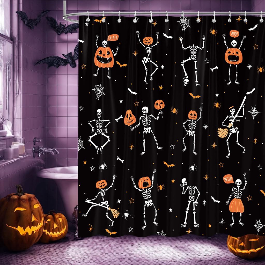 Funny Gothic Halloween Shower Curtain, Black White Skeleton Dance Pumpkins Kids Bathroom Decoration, Waterproof Washable