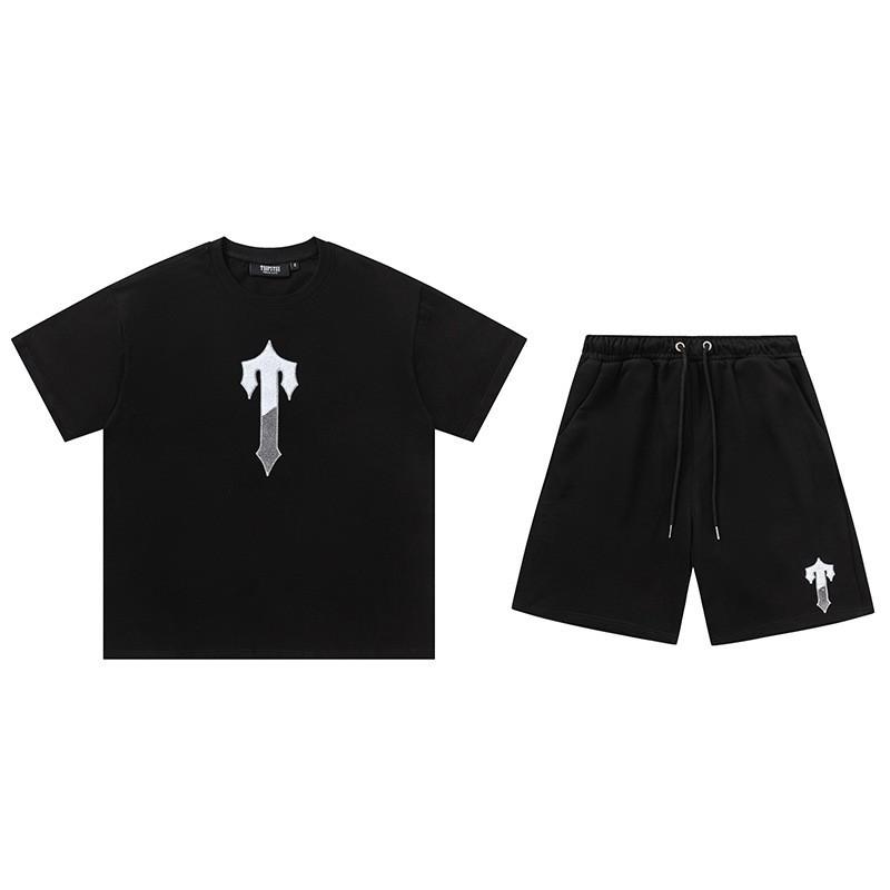 Mens Gradient Letter Embroidered Cotton Tee Shorts Set Streetwear Casual Outfit