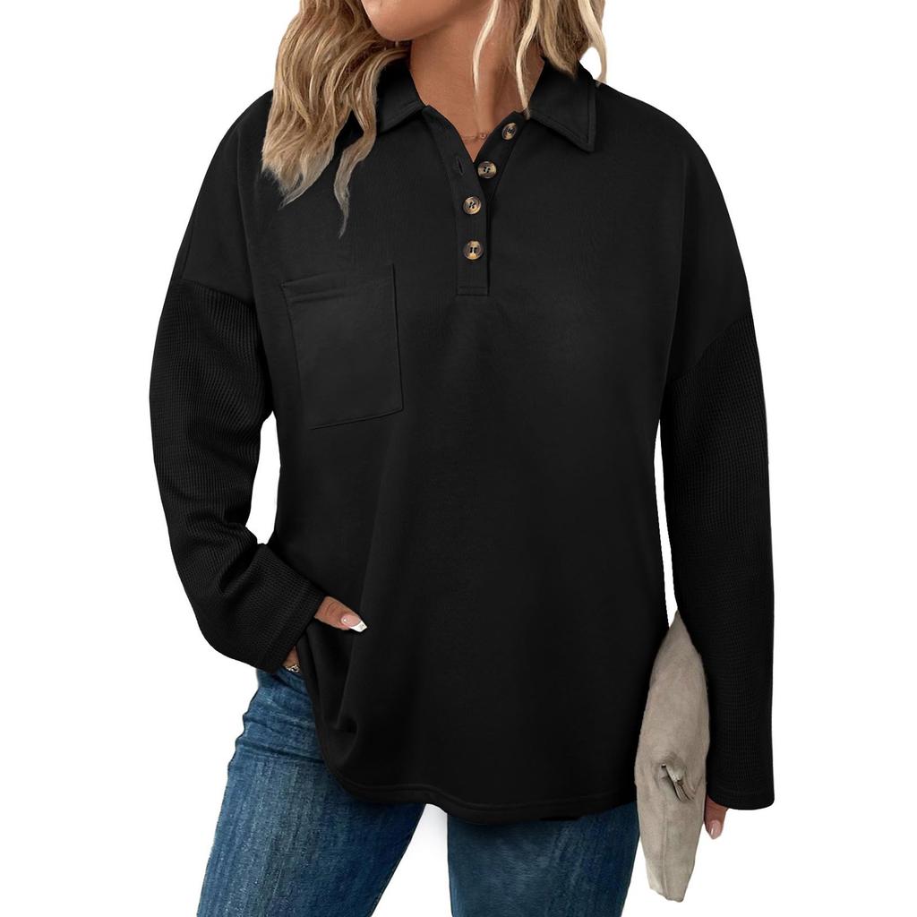 Women's Fashion Long Sleeve Plus Size Button V-Neck Check Patchwork Loose Sweatshirt Top