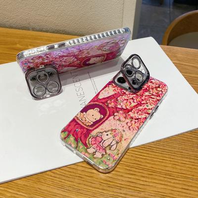 Adequado para Pintura a Óleo Sakura Coelho Maçã 16ProMax Urso Capa para Celular IPhone 15 Suporte Invisível Capa Anti-queda