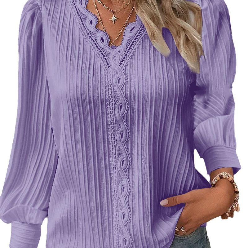 YYFS Women's Fashion Casual Spring Fall Solid Color Print Pullovers & Long Sleeves V-Neck Blouses & Shirts