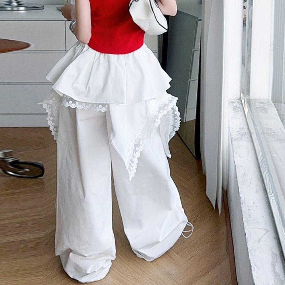 Baggy Lace Tiered Skirt Pants High Waist Wide Leg Trousers Sweet Lace Patchwork Pants Girls