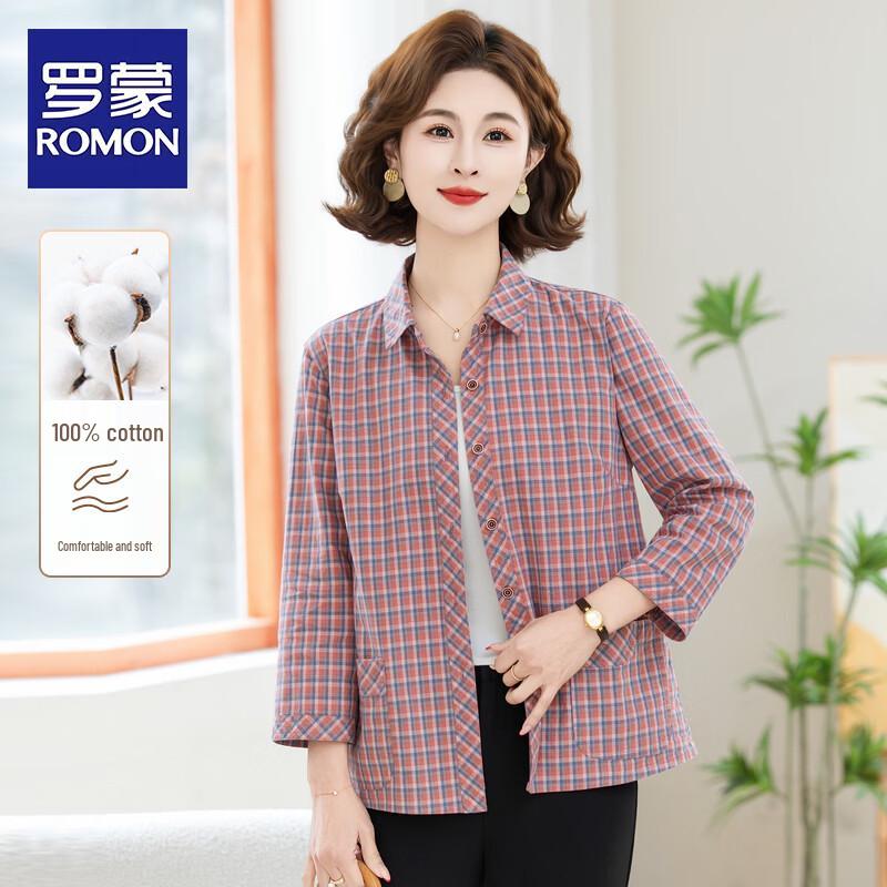 Romon Women s Middle-Aged Pure Cotton Plaid Shirt L