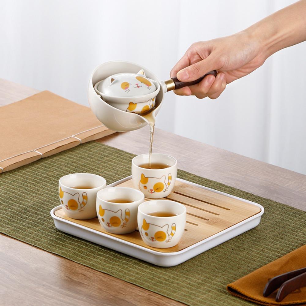 5/7pcs 360° Rotating Lucky Cat Teapot Set Ceramic Bubble Tea Set Exquisite Kung Fu Tea Pot Set  Gift