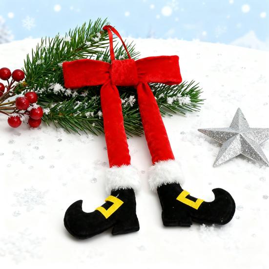 Ornament Picior Elf de Crăciun 14 Inch Roșu Pluș Picior Elf Ornament Agățat cu Fundă de Catifea pentru Coroană Pom de Crăciun Ușă Perete Decor de Sărbători