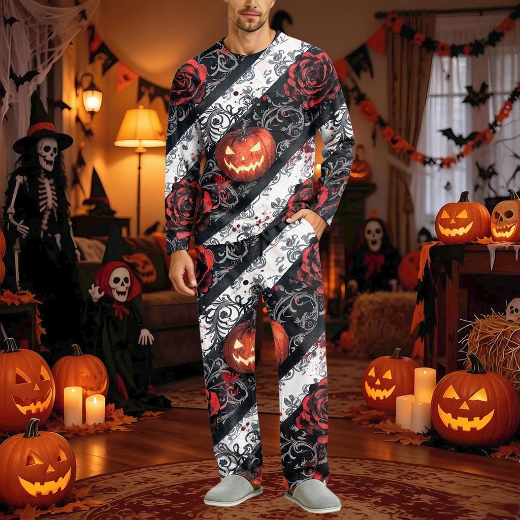 Men's Halloween Pajama Set Long Sleeve with Buttoned Crotch and Elastic Drawstring Waist Sleepwear