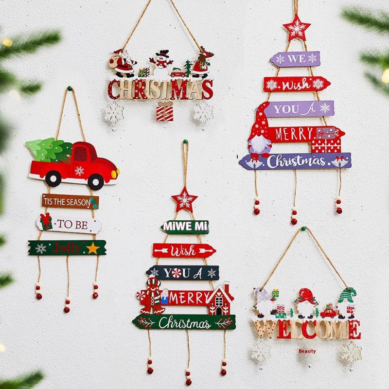Colorful Christmas Hanging Pendant Wooden Crafts Xmas Tree Wall Ornament Christmas Party Scene Props Decoration Gift