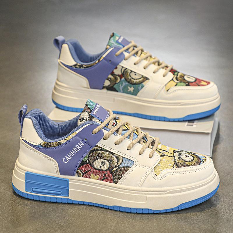 

Мужские толстые кроссовки на платформе из парусины с рисунком медведя из мультфильма, дышащие повседневные кроссовки для колледжа, мужская обувь 44