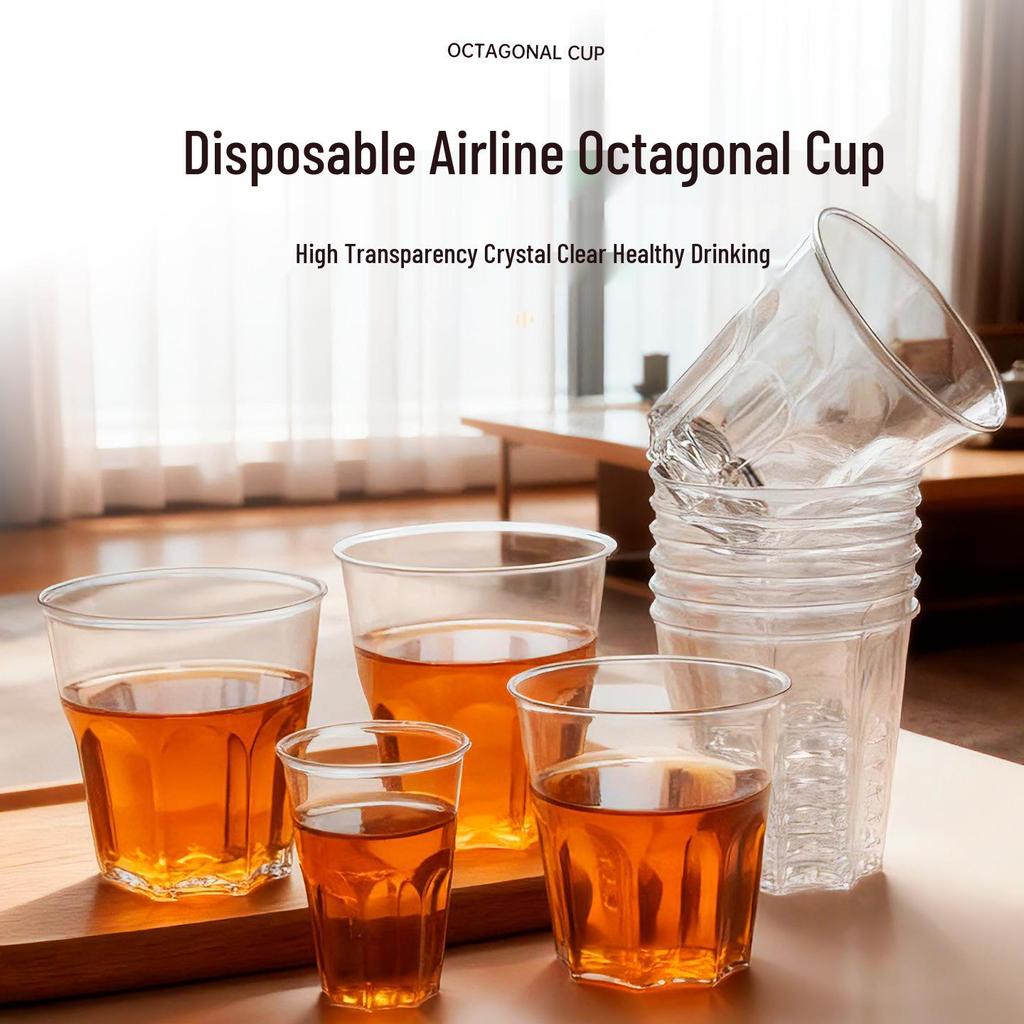 Aviation-Grade High-Transparency Disposable Water Cup: Durable, Thickened, Octagonal Design for Household and Bar Use, Resistant to High Temperatures.
