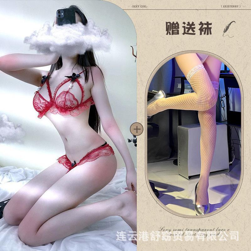 Sex underwear pearl underwear bra temptation transparent polyester women's three-point open crotch milk hair