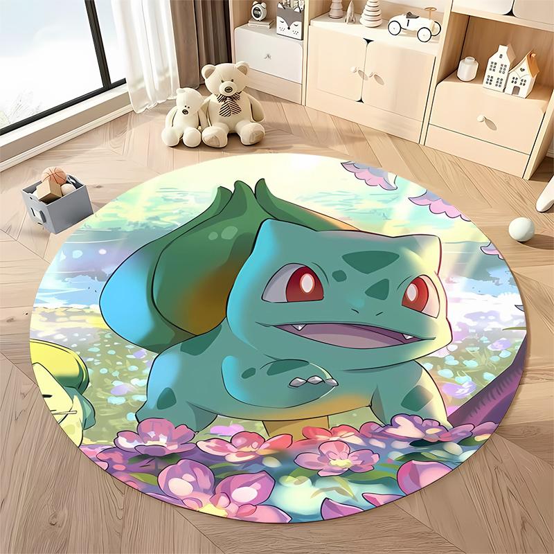 3D HD Bulbasaur Cartoon Round Carpet Kids Living Room Rug Camping Picnic Mats Flannel Anti-Slip Rug Yoga Mat Next Day Shipping