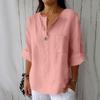 Women's 2025 Summer V-Neck Cotton Linen Button T-Shirt: Loose Fit