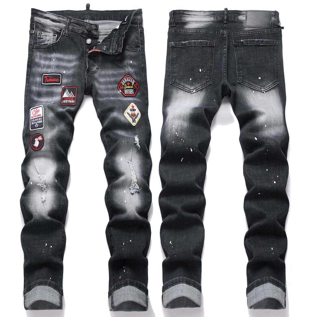 Vintage Badge Embroidered Distressed Elastic Slim-fit Cropped Mens Denim Jeans D4021