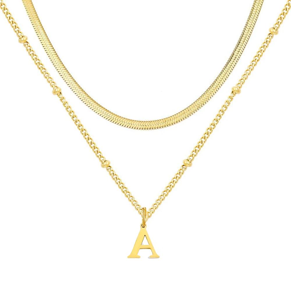 

Двухслойное ожерелье из нержавеющей стали Золотистое 26 букв инициалов Европейский и американский стиль моды Женский циркон Оптом