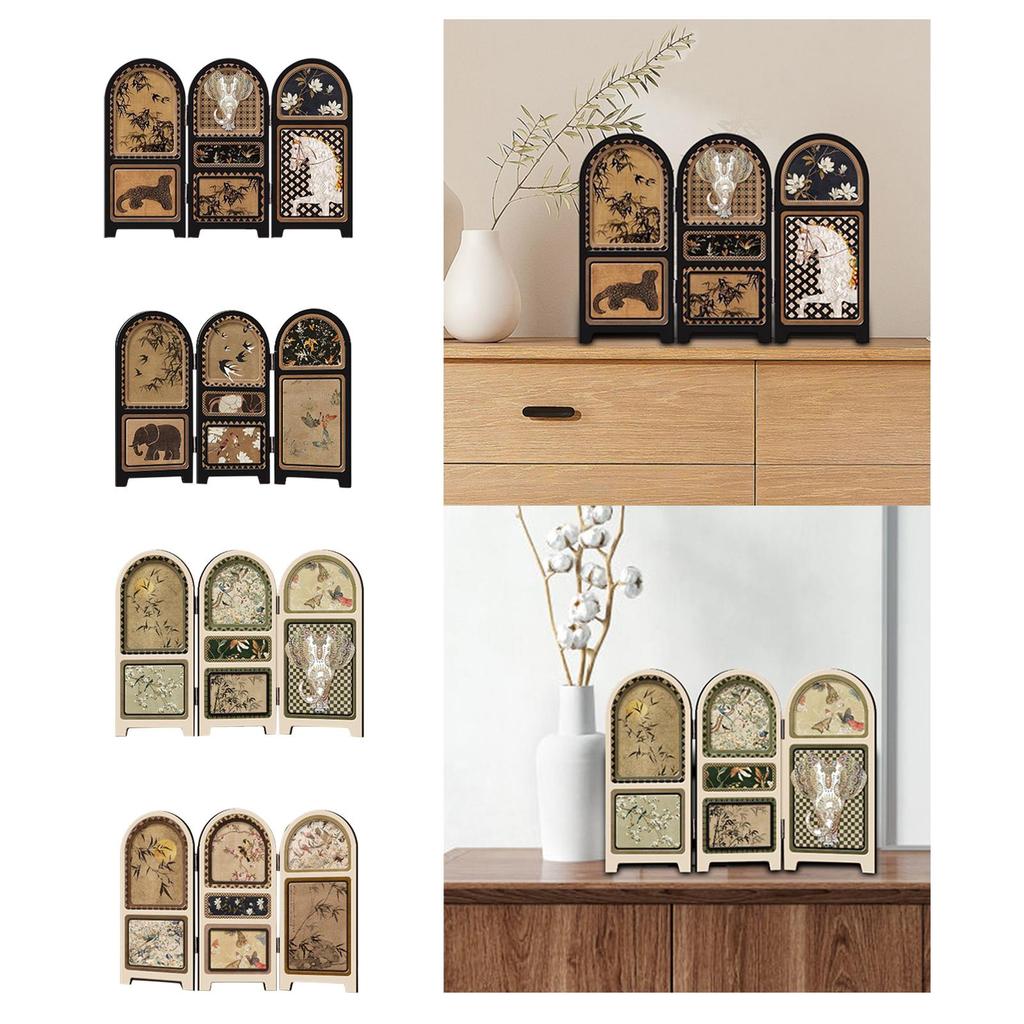 Chinese Design Screen Decoration Collectible Crafts Desk Partition 3 Panel Divider for Office Fireplace Countertop Dining Room