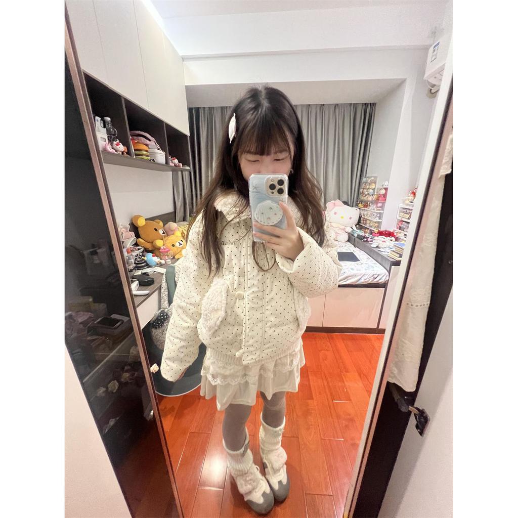 Corduroy polka dot printed fur collar short cotton-padded jacket for women's winter new ins style student warm bread clothes