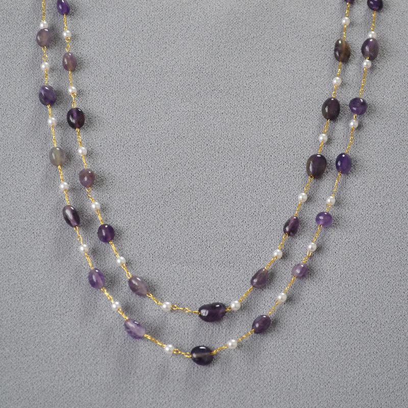 Original Design Handmade Natural Stone Double-Layer Beaded Sweater Necklace for Women
