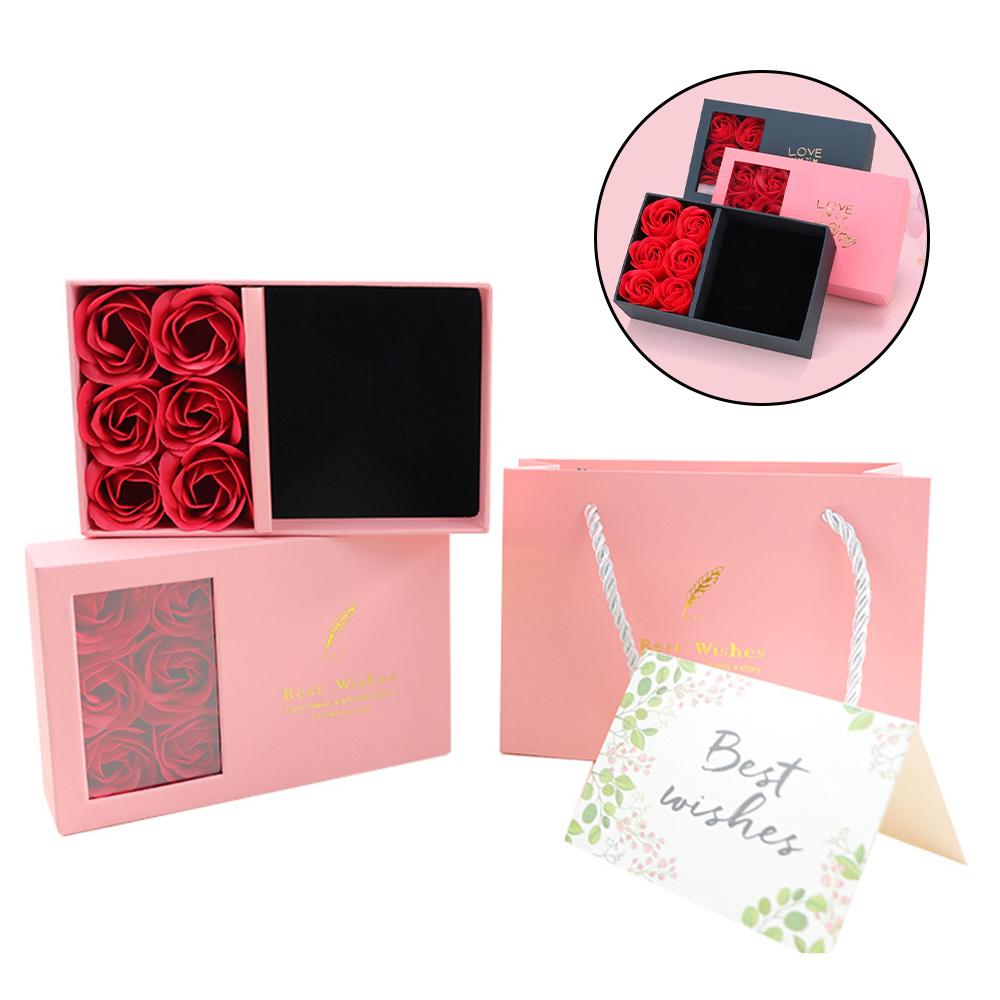 Vindue Åbning Smykkeskrin Romantisk 6 Rose Vedhæng Ring Armbånd Valentinsdag Evig Blomst Smykker Gaveæske Pose
