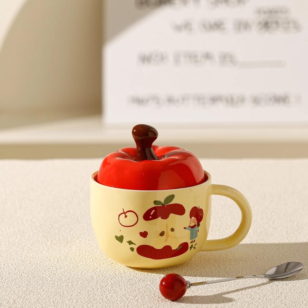 Niedliche Apfel-Keramiktasse mit Deckel Löffel Geschenkbox Kreative Haushalts-Wassertasse für Mädchen Super süße Souvenir-Geschenktasse