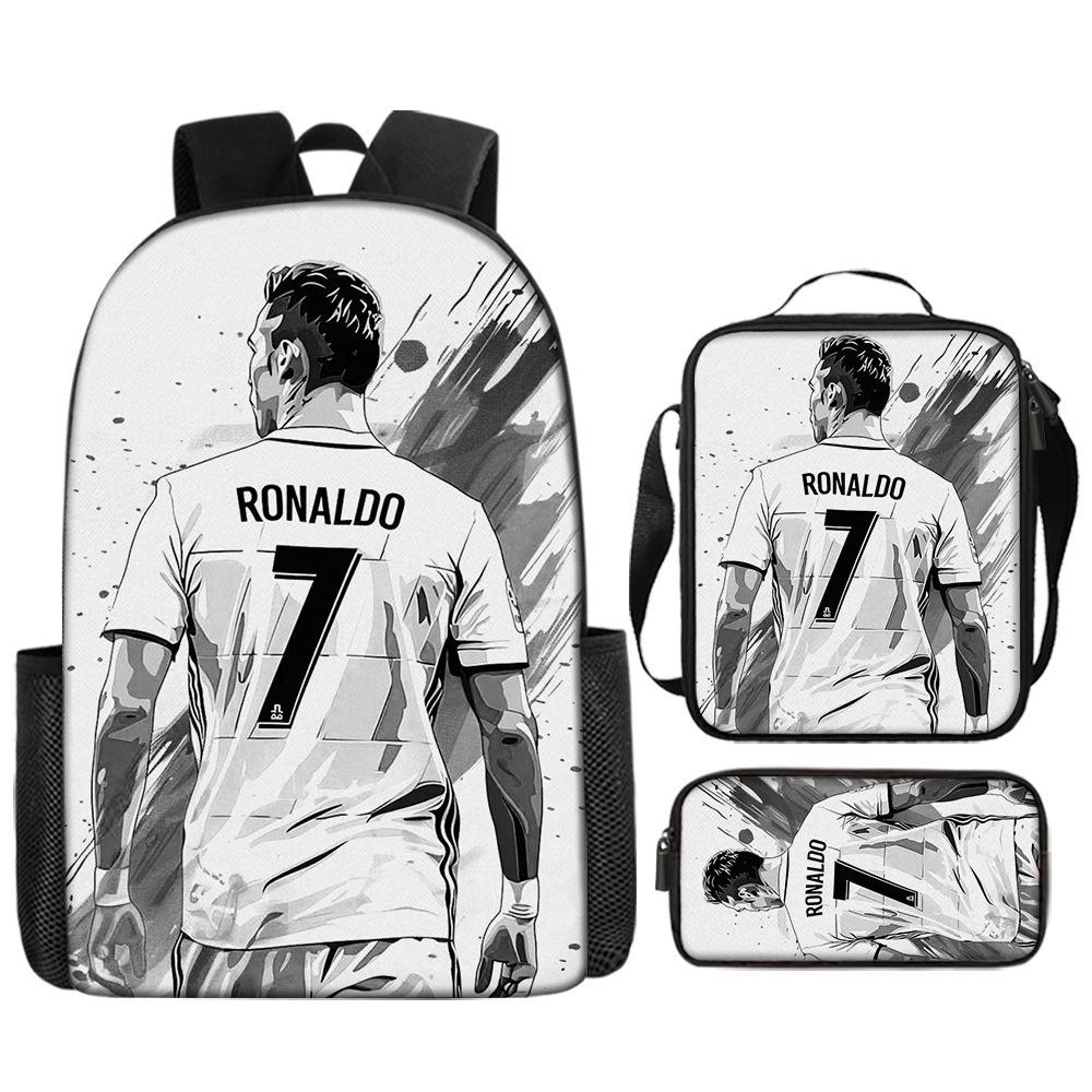 Cristiano Ronaldo Print Kids Backpack Set 3-Piece Cartoon Schoolbag for Primary Students Lightweight Durable Large Capacity Backpack
