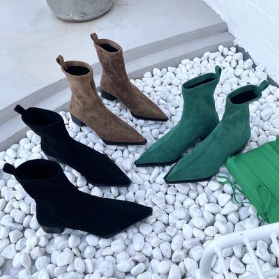 Mode Dames Soklaarsjes Winter Stretch Botas Dikke Middelhoge Hakken Instappers Hoge Kwaliteit Puntige Neus Korte Winterschoenen Vrouw Groene Schoenen