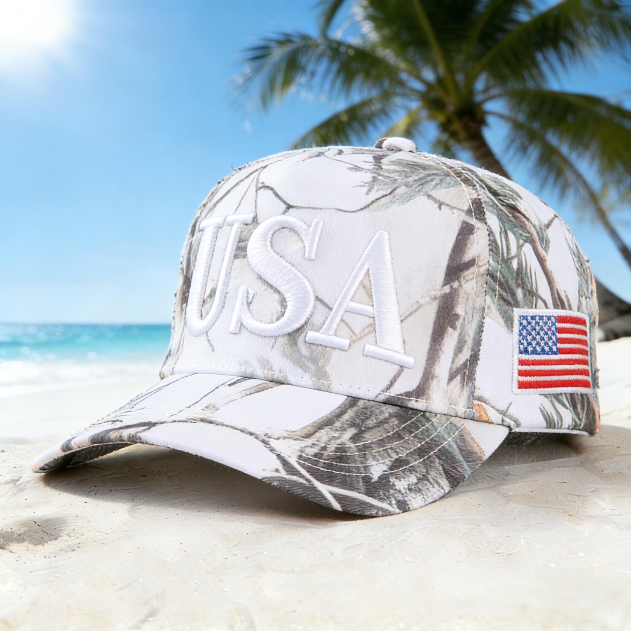 

Patriotic American Hat: Unique camouflage design, perfect for beach relaxation. American Camouflage hat: Beach - Ready with Adjustable