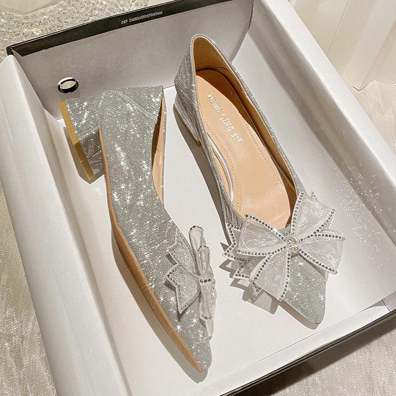 High Heels Women's New Temperament Shallow Mouth Rhinestone Pointed Bridesmaid Shoes Bow Thick Heel Single Shoes