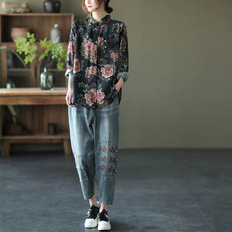 Autumn clothes wear retro printed cotton and linen shirt women's loose long-sleeved shirt cardigan top