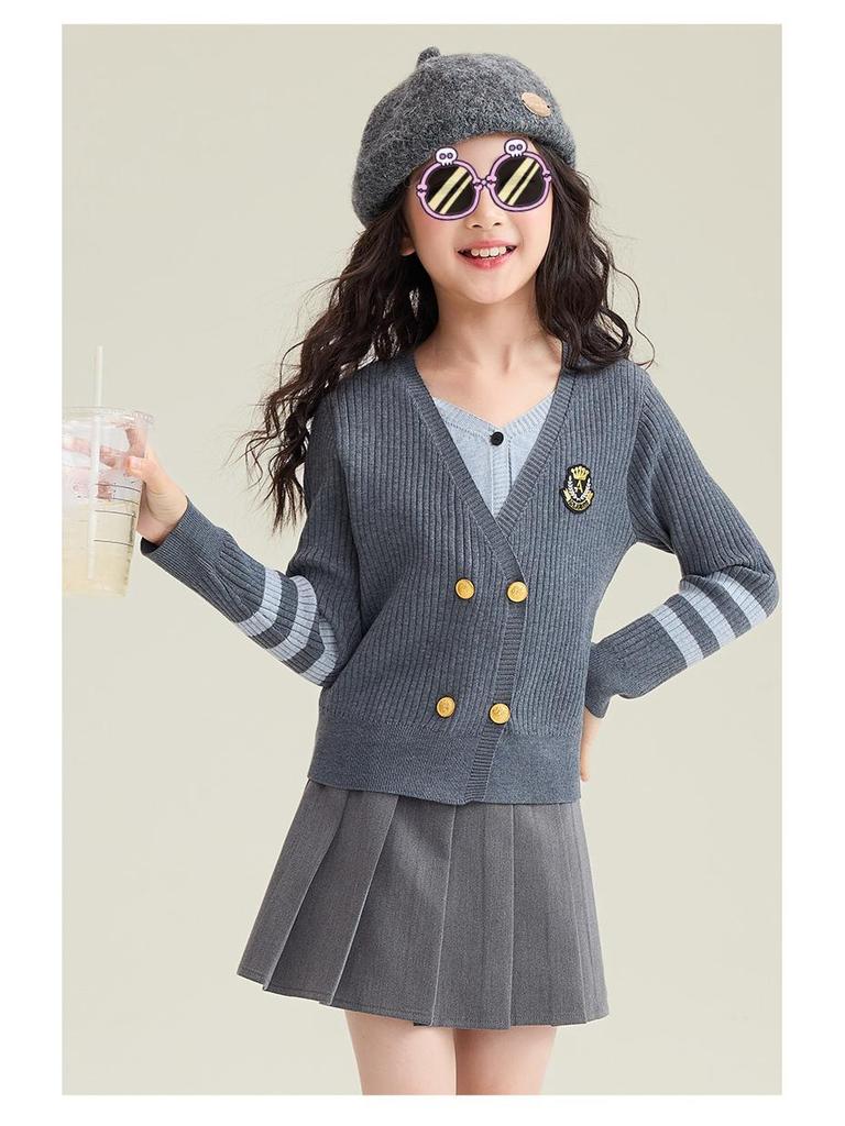 2025 Girls' Academy Style Knit Cardigan with Two-Piece Korean Slimming Skirt Set