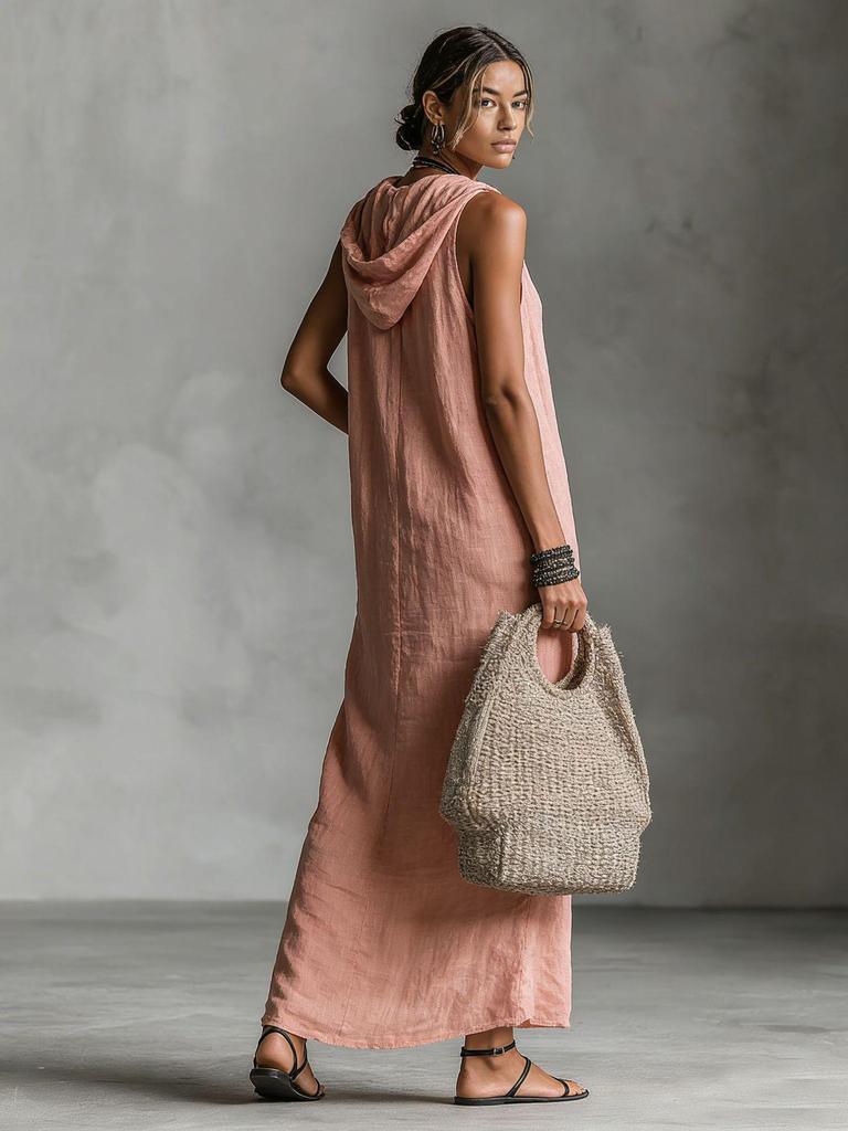 2026 Summer European & American Buckle-Up Sleeveless Hooded Long Dress for Women