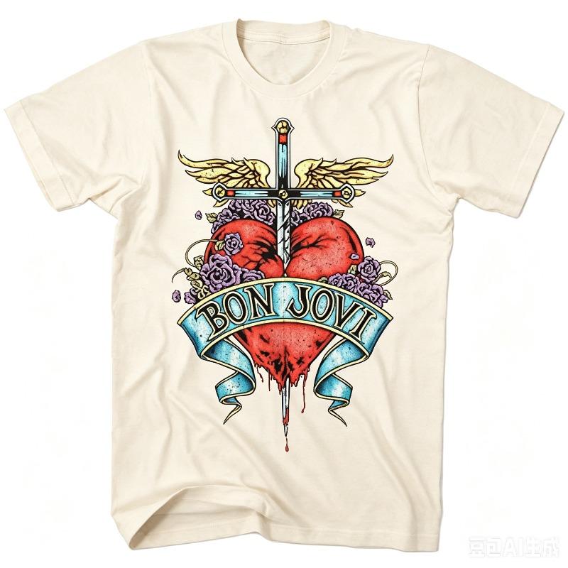 Retro Bon Jovi Tattoo Style Heart Sword Print T Shirt Men's and Women's Cotton Rock Band Fan T-shirt Streetwear Y2k Tops Cheap