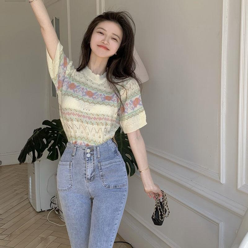 Hollow Out Short Sleeved Knitted Shirt for Women In Summer Slim Design Niche French Gentle Sweet and Spicy Style Top