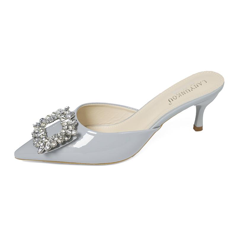 Baotou Semi-slippers Women's Summer Wear Rhinestone Square Buckle Patent Leather Pointed Toe Shallow Mouth Low-heeled High Heels