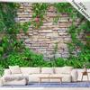 2D Botanical Stone Wall Tapestry Green Vines on Rustic Brick Wall Hanging