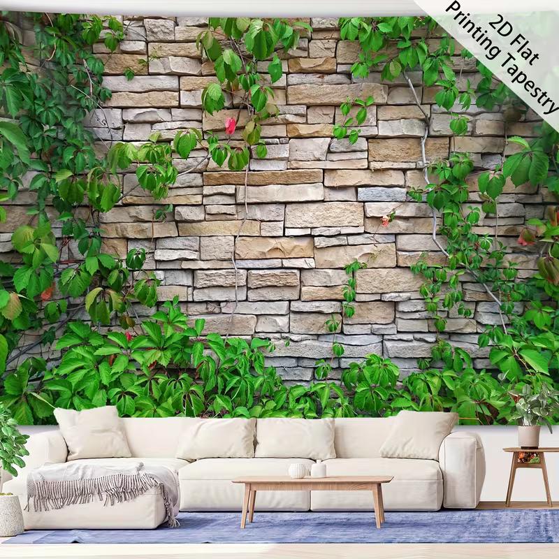2D Botanical Stone Wall Tapestry Green Vines on Rustic Brick Wall Hanging