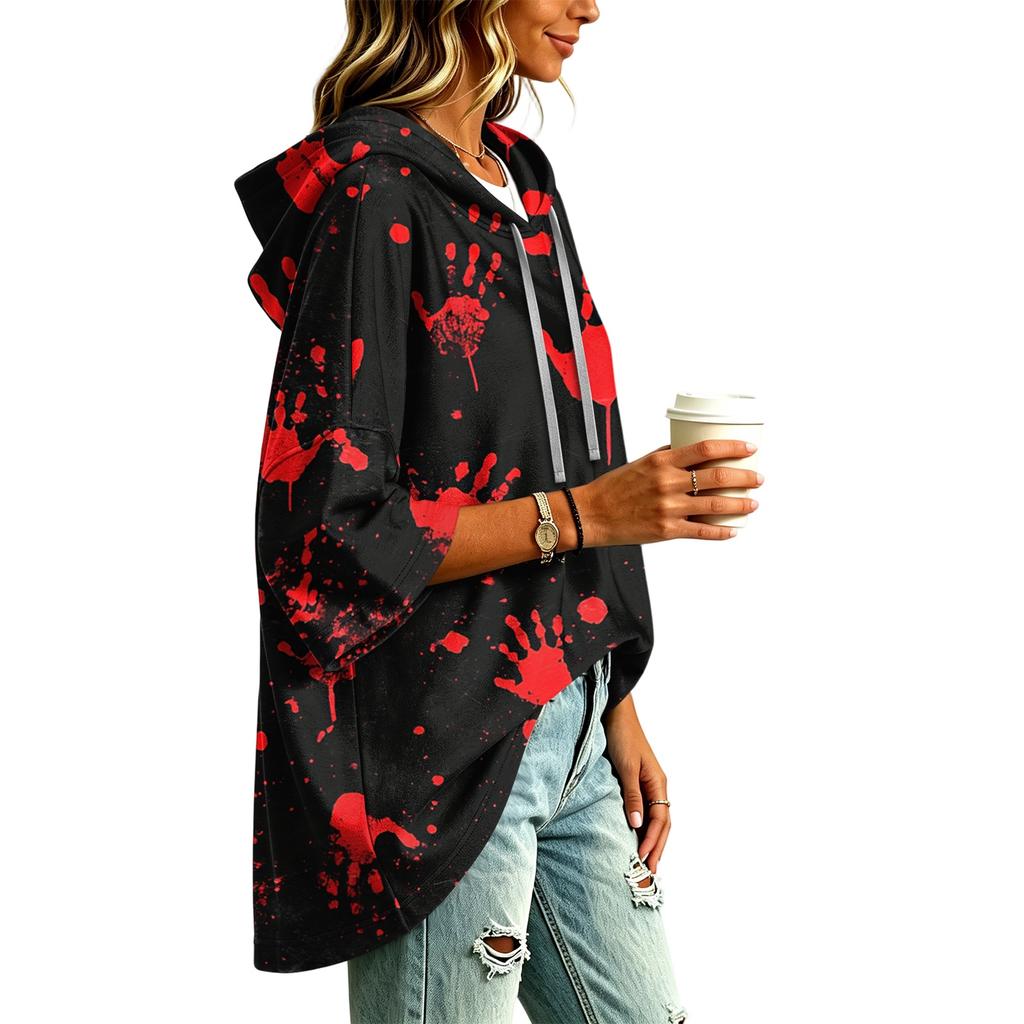 Women's Halloween Printed Hoodie 3/4 Sleeve Pullover Casual Tunic for Party
