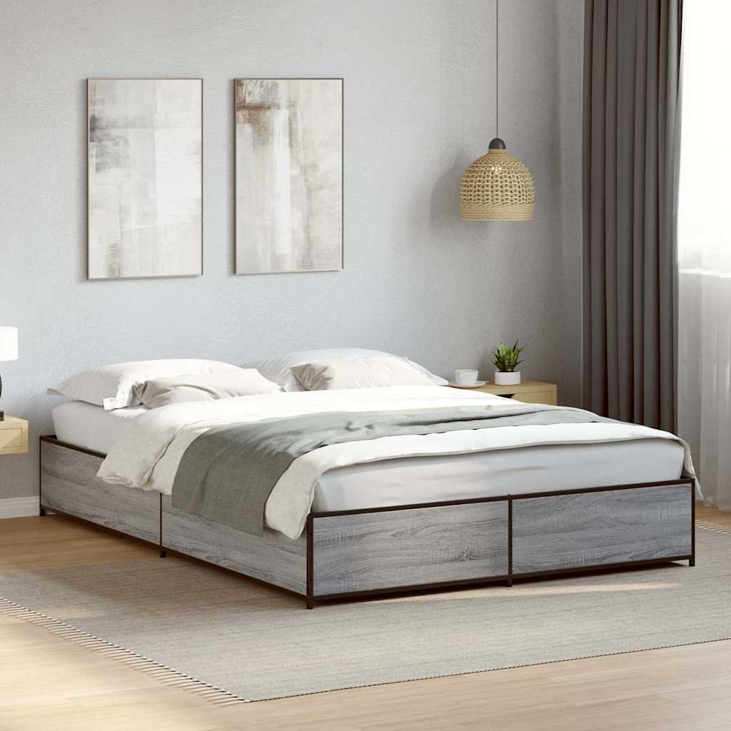Bed Frame in Grey Sonoma 150 x 200 cm Made of Engineered Wood and Metal