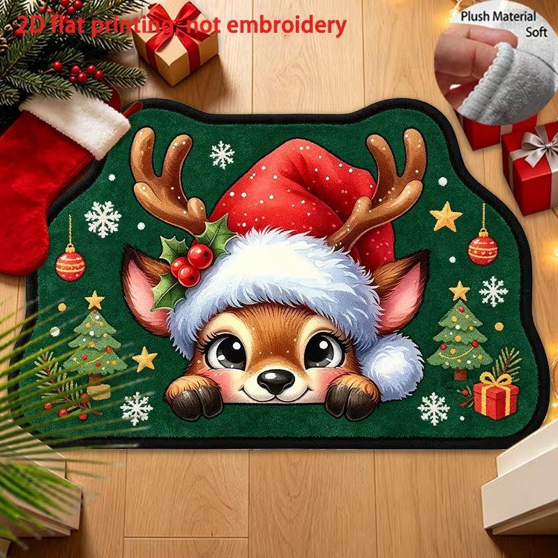 Cartoon Reindeer Christmas Doormat Green Plush Snowflake Candy Cane Non Slip Washable Entryway Rug Indoor Home Decor