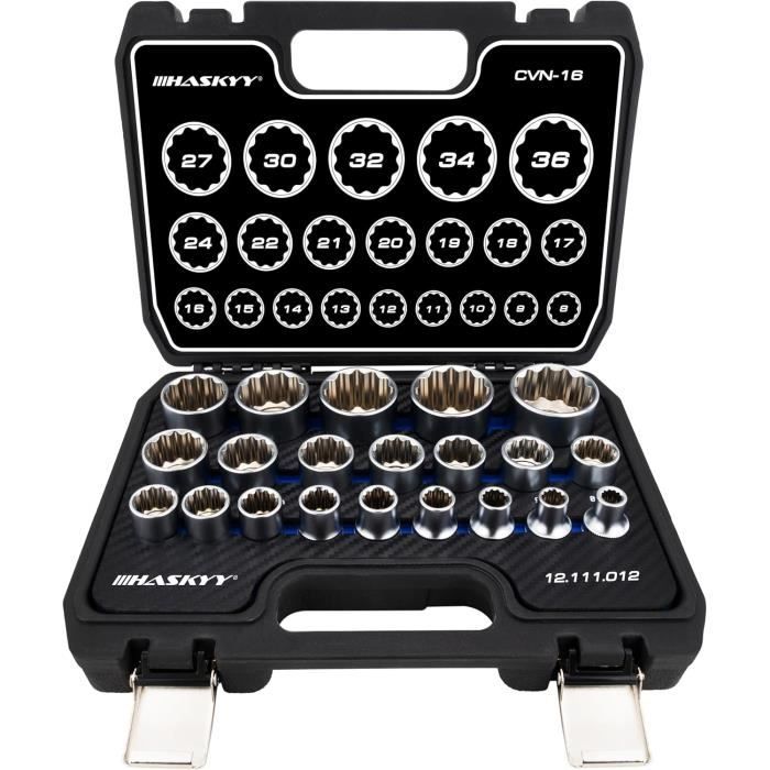 Jeu de douilles - haskyy - 21 pièces - diamètre 8-36 mm - acier chrome-vanadium - 12 pans