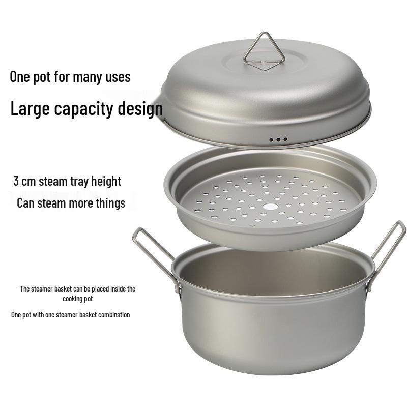 Portable Multi-Functional Titanium Camping Cookware: Large Capacity Soup Pot & Steamer