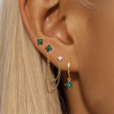 Exquisite Green Zircon Flower Hoop Earrings 18K Gold Plated Stainless Steel Chain Piercing Earring Luxury Jewelry Aretes Mujer