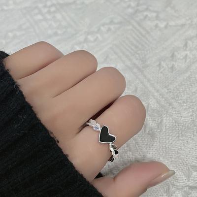 Koyu Siyah Aşk Yüzüğü, Retro Basit Şeftali Kalp Açık Yüzük, Kalp Şeklinde Çevre Tasarımı