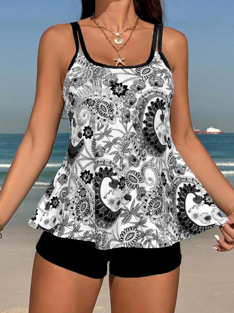 2024 European & American Flat-Leg Tankini Swimsuit Print Conservative Women's Swimwear