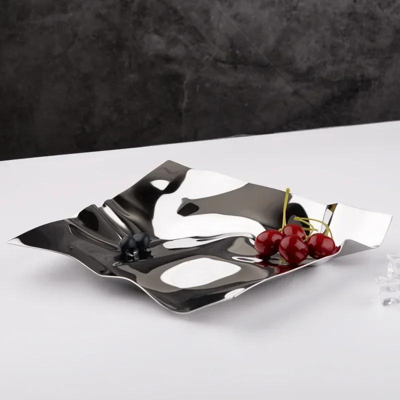 Creative Irregular Shape Stainless Steel Fruit Plate Metal Light Luxury Wavy Tray Jewelry Storage Tray Home Decoration Ornaments